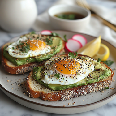 Two slices of toasted bread topped with smashed avocado and sunny-side-up eggs, generously sprinkled with Everything Bagel Seasoning. Garnished with fresh herbs, radish slices, and lemon wedges on a ceramic plate for a brunch-ready presentation.